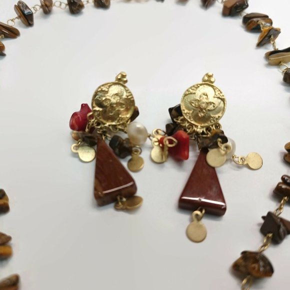 Tiger's Eye Red & Brown Jasper Pearl Wire Wrapped Necklace & Earrings Set - Picture 3 of 6